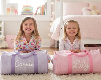 Personalized Seersucker Duffle Bag Kids Travel Overnight Bag Embroidered Name