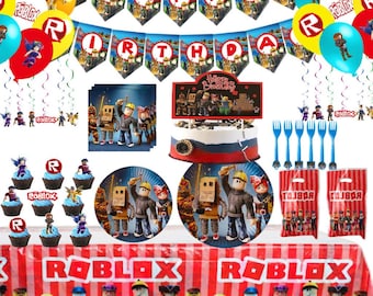 Roblox Birthday Party Decorations Kit | All-in-One Supplies with Backdrop, Tableware, Party Favor Stickers Blue Theme for Boys party