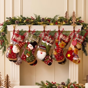 Personalized Christmas Stocking with Name, 10 Festive Styles, Raised Cord Lettering, Santa Snowman Reindeer, Family Mantel Decor