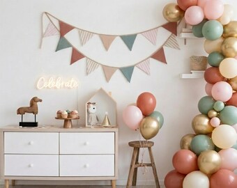 Two Ply Cotton Crepe Bunting Boho Muslin Nursery Decor Striped Gingham Pastel Playroom Birthday Party