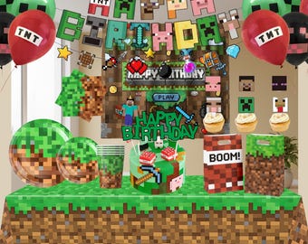 Pixel Game Party Decorations Set for Kids Retro Video Game Birthday Supplies Kit with Backdrop Toppers Balloons Gamer Theme