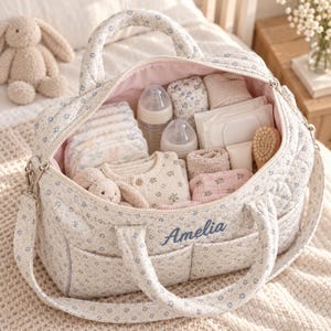 May include: A quilted diaper bag with a blue floral pattern on a white background, featuring the name Amelia embroidered in blue thread on the front pocket. The open bag is filled with baby essentials including bottles, diapers, and clothing.