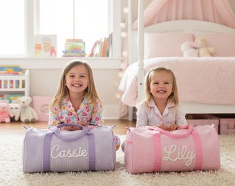 Personalized Seersucker Duffle Bag Kids Travel Overnight Bag Embroidered Name