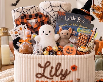 Personalisierter Halloween-Korb, Süßigkeitenkorb mit individuellem Namen für Kinder, Gruselgeschenk