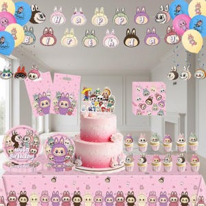 May include: A pink birthday party setup with a two-tiered cake, cupcakes, and party supplies. The cake has a "Happy Birthday" topper. Decorations include balloons, a banner, plates, and gift bags, all featuring cartoon bunny characters.