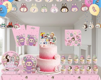 Articoli per feste a tema coniglietto rosa, decorazioni di compleanno a tema elfo kawaii, set a tema ispirato ai giocattoli artistici, striscione con coniglio pastello, set di stoviglie, sacchetti regalo