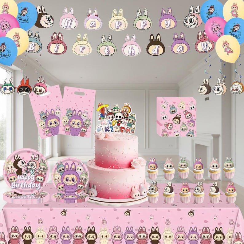 Pink Bunny Party Supplies Kawaii Elf Birthday Decorations Art Toy ...