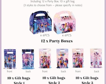 K pop party favor set |  Bull horn Boxes, Cupcake toppers, Gift bags,  Balloons  anime kpop themed party decor