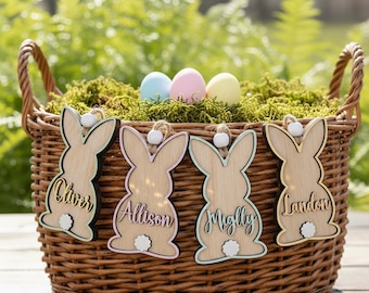 Personalized Easter Bunny Wood Tag - Handcrafted Basket Charm Custom Easter Keepsake First Easter Basket Tag