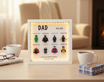 Personalized LED Superhero Minifigure Shadow Box Wood Building Block Figure Dad Grandpa Father