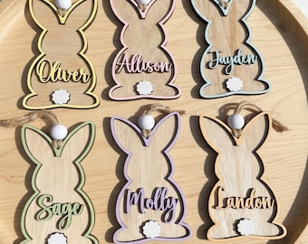 Custom Wood Bunny Easter Basket Tag: Personalized Name Charm – Easter Decor First Easter Keepsake