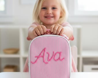Personalized Seersucker Insulated Lunch Bag Waterproof Monogrammed Kids Back To School Carryall