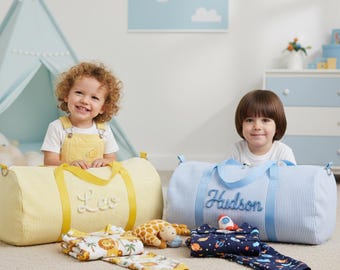 Personalized Kids Duffel Bag Seersucker Pastel Stripes Rope Embroidery Sleepover Travel Overnight Bag