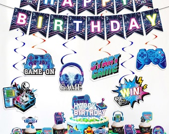 Video Game Birthday Party Decoration Set Gamer Banner Cake Topper Neon Gaming Hanging Swirls