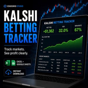 Può includere: Uno schermo di un laptop mostra l'interfaccia "KALSHI BETTING TRACKER". Lo schermo mostra dati finanziari, tra cui profitto netto, ROI e tasso di vincita. L'interfaccia include anche un grafico dei profitti e delle perdite nel tempo e una tabella dei dati di mercato recenti.