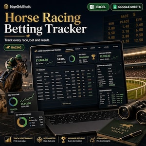Può includere: Un laptop mostra un'interfaccia di monitoraggio delle scommesse ippiche con grafici e dati. Lo schermo mostra i risultati delle corse, i tassi di vincita e le informazioni su profitti/perdite. Il testo "Horse Racing Betting Tracker" è in alto. Un fantino a cavallo è a sinistra.