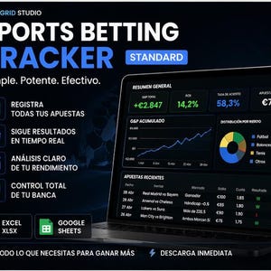 以下が含まれることがあります： スポーツベッティングトラッカーのインターフェースが表示されたラップトップの画面。インターフェースには、グラフや図表などのデータ視覚化と、賭けの統計が表示されます。画面上のテキストには「Sports Betting Tracker」と「すべての賭けを登録する」が含まれています。