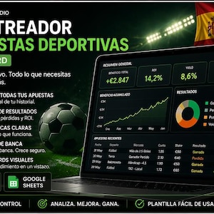 May include: A laptop screen displays a sports betting tracker interface with data visualizations, charts, and statistics. The interface includes a soccer ball graphic, a Spanish flag, and the text "RASTREADOR APUESTAS DEPORTIVAS".