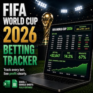 May include: A laptop displays a FIFA World Cup 2026 betting tracker, with a golden trophy in the background. The screen shows a bet log, net profit, ROI, and win rate. Text on the screen includes "Track every bet. See profit clearly."