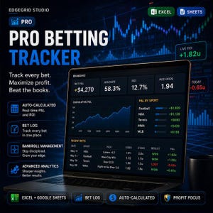 Pode incluir: Um ecrã de laptop mostra uma interface "PRO BETTING TRACKER" com dados financeiros, gráficos e estatísticas de apostas. A interface inclui lucros e perdas em tempo real, taxas de vitória e ROI. O texto "Track every bet. Maximize profit. Beat the books."
