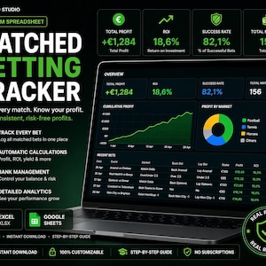May include: A laptop screen shows a "Matched Betting Tracker" spreadsheet. The interface displays total profit, ROI, success rate, and total matched bets. The screen also shows a graph, a pie chart, and recent bets data. The text includes "Track every match. Know your profit."