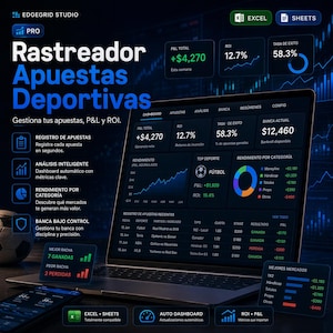 Könnte beinhalten: Ein Laptop-Bildschirm zeigt ein Dashboard zur Verfolgung von Sportwetten. Die Oberfläche zeigt P&L-, ROI- und Erfolgsquoten-Metriken sowie Diagramme und Tabellen zur Leistungsanalyse. Die Software verfolgt Wetten, analysiert Daten und verwaltet die Bankroll.