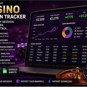 May include: A laptop screen showing a casino session tracker with data visualizations. The interface displays total deposit, cashout, and net results. The screen also shows a roulette wheel, casino chips, and the text "Casino Session Tracker".