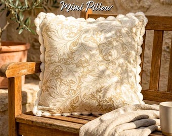 Neutral Botanical Damask Pillow Cover: Boho Pom Edge Cushion, Beige Throw Pillow