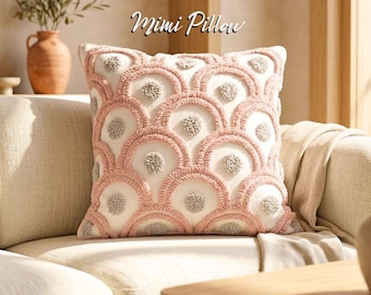 Cojín acolchado estilo flamenco rosa: cojín con textura de pluma de pavo real, cojín decorativo bohemio con borde festoneado.