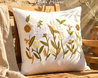 Funda de almohada floral bordada: Funda de cojín botánica de flores silvestres color amarillo mostaza