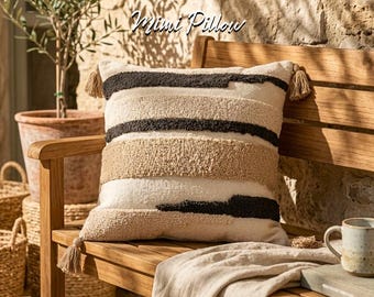 Textured Striped Throw Pillow: Tufted Boho Cushion Cover with Tassels, Neutral Living Room Accent