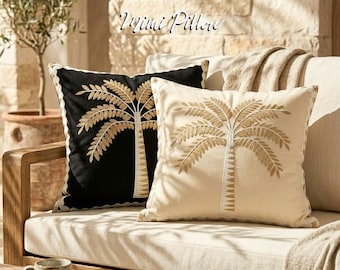 Funda de almohada bordada con palmeras: Funda de cojín decorativa de estilo costero