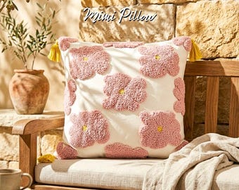 Funda de cojín decorativa con diseño floral 3D: Cojín rosa con estampado floral y bordado a mano, decoración bohemia para habitación infantil.