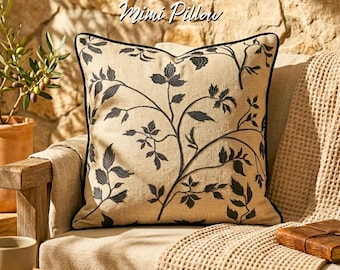 Cojín decorativo con bordado de vides negras: cojín decorativo de lino para sofá, cojín decorativo con estampado floral botánico.