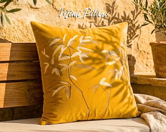 Mustard Gold Velvet Pillow Cover: Embroidered Bamboo, Decorative Cushion Case