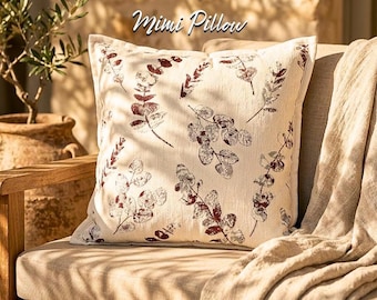 Botanical Leaf Pillow Cover: Rust Cream Throw Cushion, Farmhouse Living Room Accent