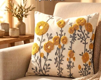 Mustard Yellow Floral Embroidered Cotton Pillow Cover - Boho Throw Pillow