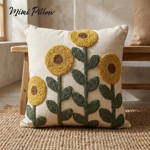 Embroidered Sunflower Pillow: Tufted Cotton Boho Farmhouse Cushion