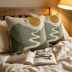 Sunset Boho Tufted Pillow Cover: Abstract Cotton Accent Cushion 2 Full cushion