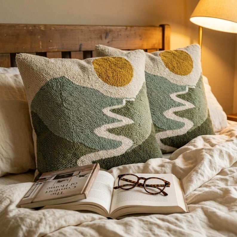 Sunset Boho Tufted Pillow Cover: Abstract Cotton Accent Cushion 2 Full cushion