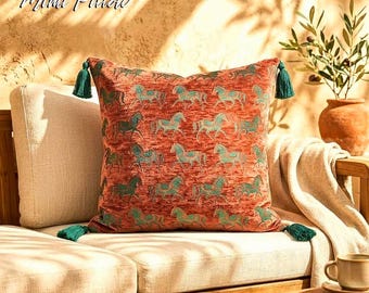 Horse Print Pillow Cover with Tassels: Rust Terracotta Throw Pillow, Bohemian Decor