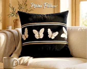 Funda de almohada de terciopelo negro: Mariposas monarca bordadas, cojín con incrustaciones doradas