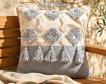 Boho Tufted Pillow Cover: Dusty Blue Grey Tassels, Textured Bohemian Decor
