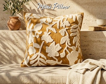 Funda de cojín floral de bouclé marrón: cojín decorativo texturizado con mechones hechos a mano, decoración bohemia para el hogar.