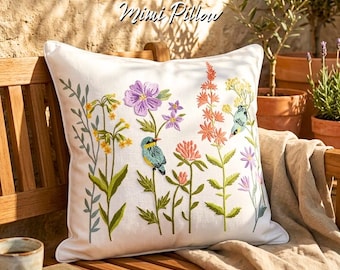 Funda de almohada bordada con flores y pájaros: Cojín decorativo de jardín botánico