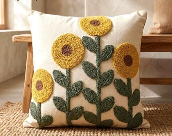 Embroidered Sunflower Pillow: Tufted Cotton Boho Farmhouse Cushion