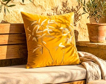 Funda de almohada de terciopelo color oro mostaza: con bambú bordado, funda de cojín decorativa de lujo color ocre.