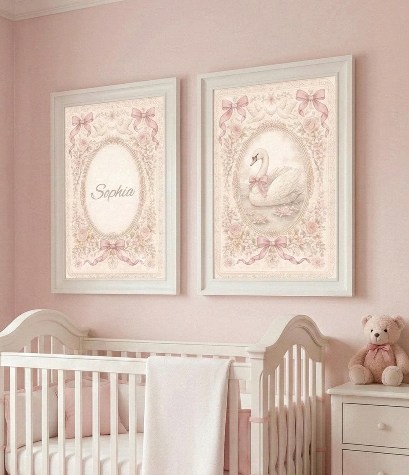 Personalized Nursery Wall Art Printable | Vintage Swan Pink Baby Room ...