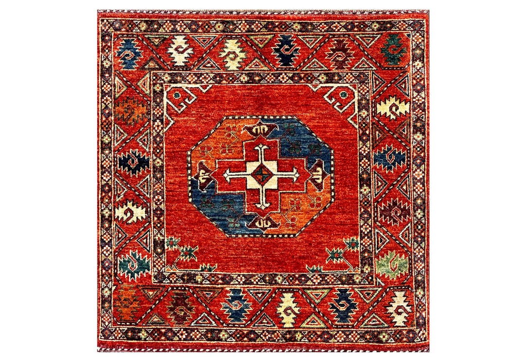 Square Ersari Afghan Rug, 3x3 Ft, Red Medallion Wool Carpet - Etsy