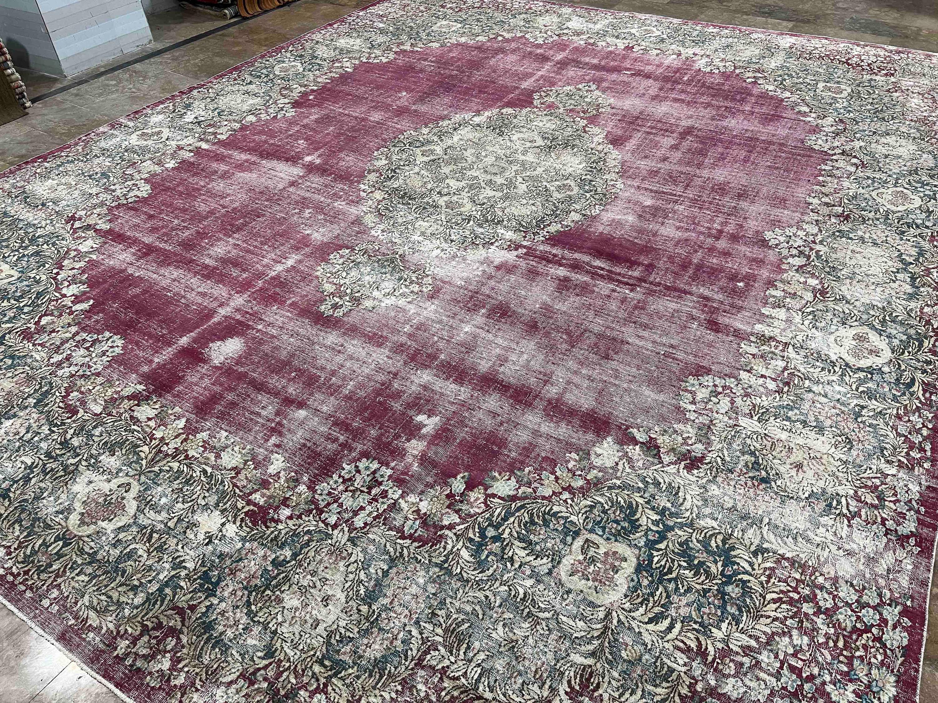 Oversized Vintage Kirman Whitewashed Carpet 13x16 Ft – Handwoven Wool ...
